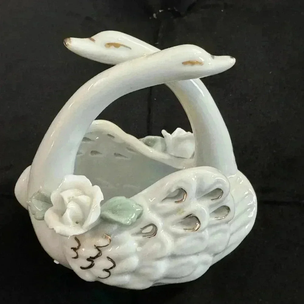 Vintage Swan Basket Cottagecore Ceramic Decor Grannycore Trinket 90’s Birds - Picture 4 of 11